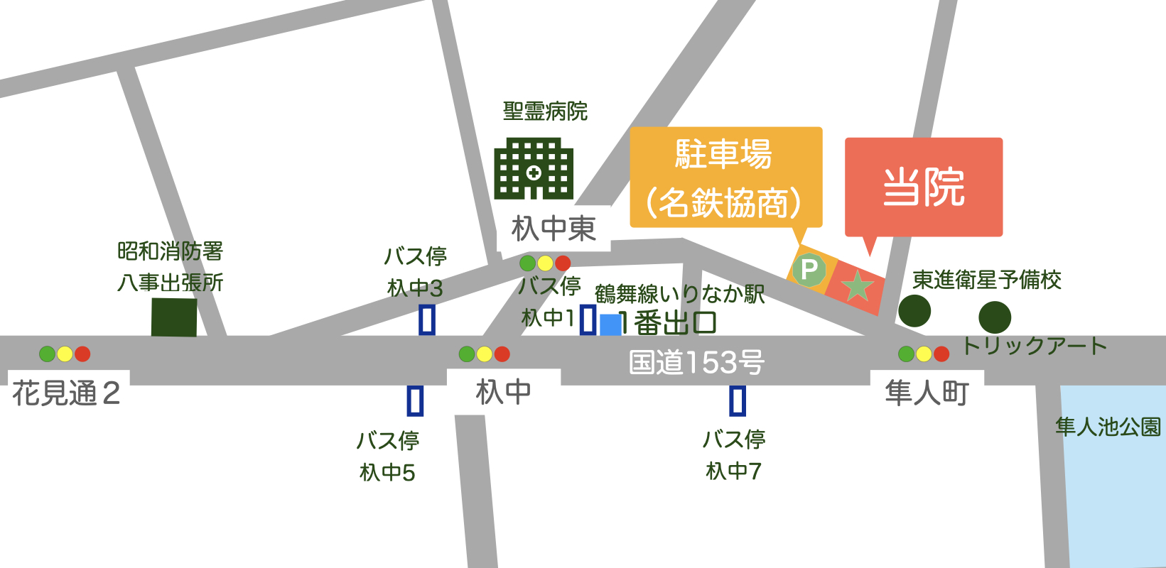 昭和消防署八事出張所の南、いりなか駅の南、隼人池公園の北に当院があります